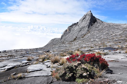 Stunning view of Mount Kinabalu with clear skies and rugged landscape in Sabah, Malaysia.