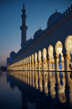 Stunning view of Sheikh Zayed Mosque in Abu Dhabi with elegant arches and reflection at twilight.