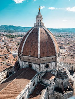Stunning aerial view of Florence Cathedral dome in Italy's historic cityscape.